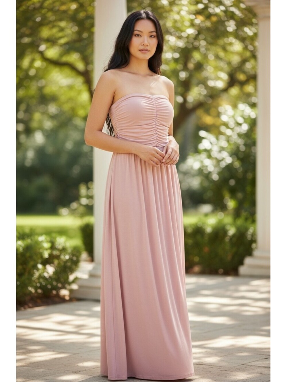 Ladies Formal Strapless Dress by Dress Tells, Blush Pink, Sz Med, Chiffon Ruched